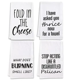 Funny Kitchen Towels Set-Funny Flour Sack Dish Towels Decorative Set With Saying,Tea Towels,Funny Hand Towels Set Of 4,New Home Gifts,Housewarming Gift For Women Hostess,White