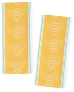 Yellow Bee Jacquard Kitchen Towels, Set Of 2 Bee Dish Towels With Honeycomb Accents & Aqua Stripes For Cooking, Baking, Bee Kitchen Decor, Bee Kitchen Hand Towels, Kitchen Bee Towels
