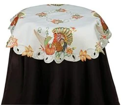 Fall Harvest Thanksgiving Tablecloth, Embroidered Turkey Pumpkin Maple Leaf Sunflower Ivory Holiday Decoration, 33” Round Topper