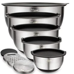 Mixing Bowls Set Of 5, Stainless Steel Nesting Bowls With Airtight Lids, 3 Grater Attachments, Measurement Marks & Non-Slip Bottoms, Size 5, 3, 2, 1.5, 0.63 QT, Great For Mixing & Serving