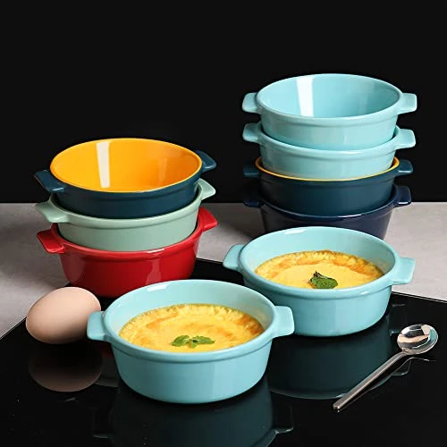 Ceramic Souffle, Round Double Handle Ramekins, 10oz Creme Brulee, Custard Cheese And Dipping Sauce, Set Of 6(Turquoise) 4 Ceramic Souffle, Round Double Handle Ramekins, 10oz Creme Brulee, Custard Cheese And Dipping Sauce, Set Of 6(Turquoise) - Image 2