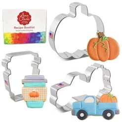 Fall Pumpkin Spice Cookie Cutter Set 3 Piece With Recipe Booklet, Pumpkin, Harvest Truck With Pumpkin, Latte Cup Made In USA By Ann Clark Cookie Cutters