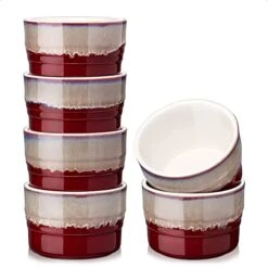 9 OZ Oven Safe Stoneware Ramekins, LOVECASA Creme Brulee Souffle Dishes Ramekins For Baking, Bakeware Set Bowls For Creme Brulee Puddings, Set Of 6, 3.8 X 2.7 Inches, Red And Gray, Mother's Day Gift