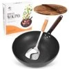 Wok Pan 12.5” Carbon Steel Woks & Stir-Fry Pans Flat Bottom Wok With Lid And Spatula, No Chemical Coated Non-Stick Wok For Electric, Induction And Gas Stoves