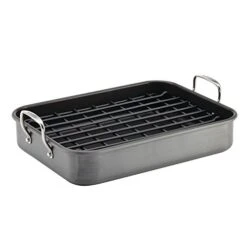 Rachael Ray Brights Hard Anodized Nonstick Roaster / Roasting Pan With Rack - 16 Inch X 12 Inch, Gray