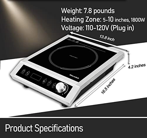 Commercial Induction Cooktop, 24-Hours Preset Induction Countertop Burner With 10 Temp Levels, Sensor Touch & Knob Control,3-Hour Timer, Stainless Steel Design, Heavy Duty, 1800W, 120V 8 Commercial Induction Cooktop, 24-Hours Preset Induction Countertop Burner With 10 Temp Levels, Sensor Touch & Knob Control,3-Hour Timer, Stainless Steel Design, Heavy Duty, 1800W, 120V - Image 6