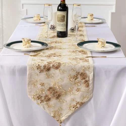 Gold Lace Table Runner ,Summer Floral Table Runners 60 Inches Long Doilies, Boho Farmhouse Coffee Dining Table Runner For Wedding Party Decorations, Dining Room Dresser Decor (16IN*60IN) 9 Gold Lace Table Runner ,Summer Floral Table Runners 60 Inches Long Doilies, Boho Farmhouse Coffee Dining Table Runner For Wedding Party Decorations, Dining Room Dresser Decor (16IN*60IN) - Image 7