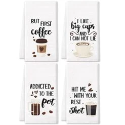 Coffee Kitchen Towels Funny Dish Towels Coffee Bar Decor Set Of 4 - Decorative Waffle Towels，Funny Hostess Gift,Housewarming Gift,Wedding Shower Gift,Gifts For Mom