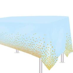 54" X 108" 4 Pack Blue Disposable Party Tablecloth For Rectangle Table Gold Stamping Dot Confetti Rectangular Plastic Table Cover For Baby Shower Party Birthday Engagement Wedding