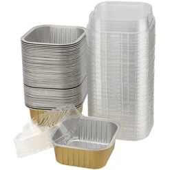 50 Pack 5oz Aluminum Foil Cups With Lids, Disposable Foil Tins, Square Cupcake Baking Cups Aluminum Foil Baking Cups For Muffins, Cupcakes, Pudding Or Snacks, Gold
