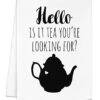 Funny Kitchen Towel, Hello Is It Tea You're Looking For? Tea Joke, Flour Sack Dish Towel, Sweet Housewarming Gift, White -Wilton Shop 41ReTCJknLL