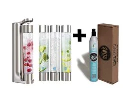 Fizzpod Soda Maker Home Soda Carbonation | Fizzy Bubbly Drink Machine With 3 PET Bottles, 3 Caps, 1 Carbonator Cap And Manual | Make Homemade Sparkle Water, Juice, Coffee, Tea And Cocktail Drinks With Fruit (Silver+C02)
