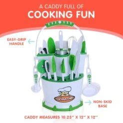 Kids Cookware, 30-Piece Caddy Collection, Real Utensils, Dishwasher Safe, BPA-Free, Includes Rolling Pin, Spoons, Whisk, Knives, Measuring Cups, Vegetable Peeler & Much More, White/Green -Wilton Shop 41T46a7JP2L