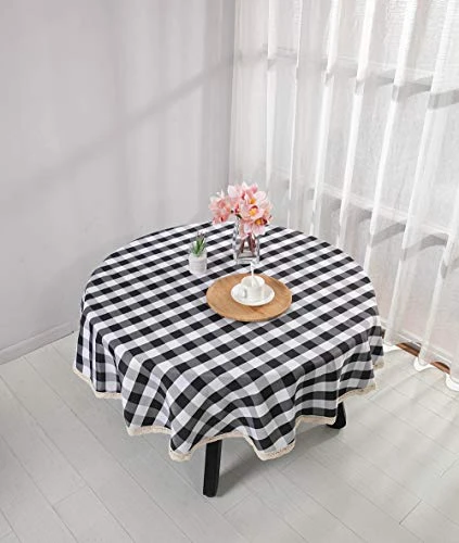 55Inch Gingham Checkered Tablecloth, Black & White Checker, Round Lace Polyester Tablecloth 4 55Inch Gingham Checkered Tablecloth, Black & White Checker, Round Lace Polyester Tablecloth - Image 2