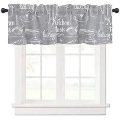 Kitchen Window Curtain Valance For Kitchen Windows/Bathroom/Living Room/Bedroom Privacy Decorative Rod Pocket Short Window Valance Curtain, 52" W X 18" L, Pot Tableware Cook Baking Tools Gray