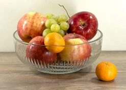 Large Clear Glass Mixing Bowl With Ribbed Surface, For Mixing, Storage, Serving, 2.5 Quarts, 9" Dia