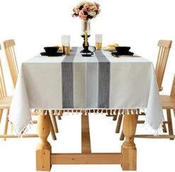 Yis Black And Grey Cotton Linen Tablecloth, Fabric Stripe Table Cover Cloth With Stitching Tassel ,Wrinkle Free Dust-Free Tabletop Decoration For Kitchen Dinning Party（Rectangle, 55x 102inch） -Wilton Shop 41UDX95OHqL. AC