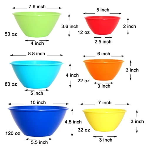 6 Pack Large Plastic Mixing And Serving Bowls, Plastic Nesting Bowls Set - 120OZ, 80OZ, 50OZ, 32OZ, 22OZ, 12OZ (Rainbow Colors) 4 6 Pack Large Plastic Mixing And Serving Bowls, Plastic Nesting Bowls Set - 120OZ, 80OZ, 50OZ, 32OZ, 22OZ, 12OZ (Rainbow Colors) - Image 2