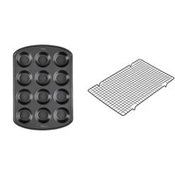 Wilton Perfect Results Premium Non-Stick Bakeware Muffin Pan & Cupcake Pan, 12-Cup, Steel And Industries Perfect Results Mega Cooling Rack, Black
