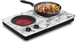 1800W Ceramic Electric Hot Plate For Cooking, Dual Control Infrared Cooktop, Portable Countertop Burner, Glass Plate Electric Cooktop, Silver, Stainless Steel-Upgraded Version -Wilton Shop 41V TSWWFL. AC