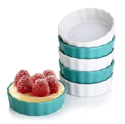 Creme Brulee Ramekins,5 Ounce Creme Brulee Ramekin Dishes Round Baking Ramekins Set,Souffle Dish,Ramekins Oven Safe,Shallow Ramekins,Ramekins Set Of 6,Teal White