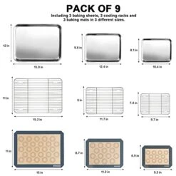 9-Piece Baking Sheet, Cooling Rack With Silicone Mat Set (3 Pans + 3 Racks + 3 Mats), Stainless Steel Cookie Sheet With Cooling Rack And Baking Mat, Non Toxic & Heavy Duty & Easy Clean