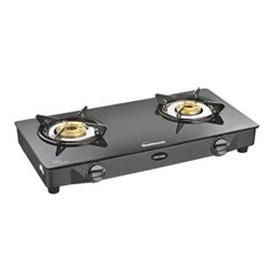 Unflame Crown Glass Top 2 Burner Gas Stove Manual Ignition, Black (Gas Stove + Hose Pipe)