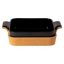 Ceramic 10" Square Baker With Cork Tray - Ensemble Collection, Black | Oven & Dishwasher Safe Bakeware | Food Safe Glazing | Restaurant Quality Dinnerware