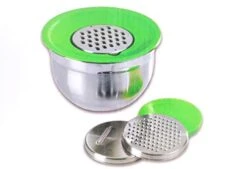 6pc Set 1 Stainless Steel Bowl 3 Graters Green Double Lid Hand Mixer Mixing 3L