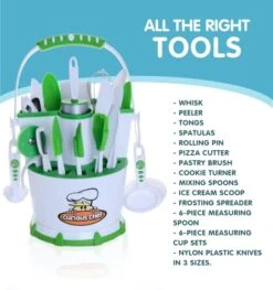 Kids Cookware, 30-Piece Caddy Collection, Real Utensils, Dishwasher Safe, BPA-Free, Includes Rolling Pin, Spoons, Whisk, Knives, Measuring Cups, Vegetable Peeler & Much More, White/Green -Wilton Shop 41XmpTJtNoL