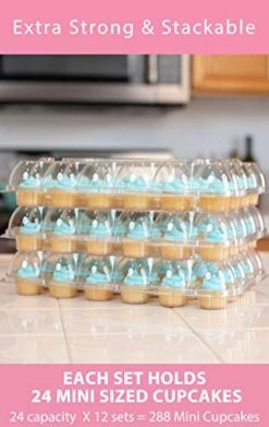 Stack'nGo MINI Cupcake Containers - (24 Pack X 12 Sets) - High Tall Dome, Clear Containers, Thick Plastic Disposable Storage Boxes, 2 Dozen Compartments Slots, Cupcakes Holder Box, Tray Carrier