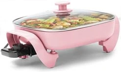 12-inch Nonstick Square Electric Skillet - With Glass Lid, Dishwasher Safe, Pink