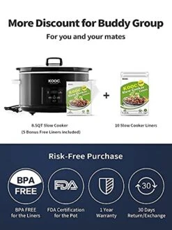 [Bundle Group] KOOC Programmable Slow Cooker 8.5-Quart (with 5 Bonus Free Liners) + Additional 1 Pack Of 10 Liners For Easy Clean-up, Upgraded Pot, Adjustable Temp, Nutrient Loss Reduction