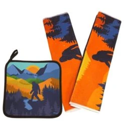Bigfoot Sunset Dish Towels And Potholder Set, Funny Kitchen Decor And Accessories, Camping RV Accessories For Inside, Sasquatch Gifts, 3 Piece Set
