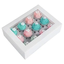 15-Pack White Cupcake Boxes 12 Holders Cake Carrier Food Grade Kraft Pop-up Bakery Boxes 13.8 X 9.5 X 4inch With Inserts And PVC Windows Fits 12 Cavity Cupcake Pack Of 15