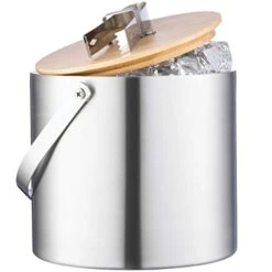 Ouble- Wall Stainless Steel Insulated Ice Bucket With Lid And Ice Tong - [3 Liter] Modern Bamboo Lid With Built-In Tongs- Comfortable Carry Handle- Great For Home Bar, Chilling Beer Champagne