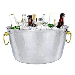 Insulated Metal Ice Bucket For Parties & Gifts- Double-Walled Hammered Stainless Steel Anchored Beverage Tub/Ice Bucket For Parties, Weddings, With Double-Hinged Gold Handles