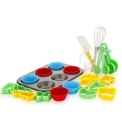 24 PCS Kids Baking Set Includes 1 Muffin Pan, 6 Silicone Cupcake Liners, 10 Cookie Cutters, Spatula, Egg Whisk, Mini Measuring Cup And 4 Measuring Spoons.