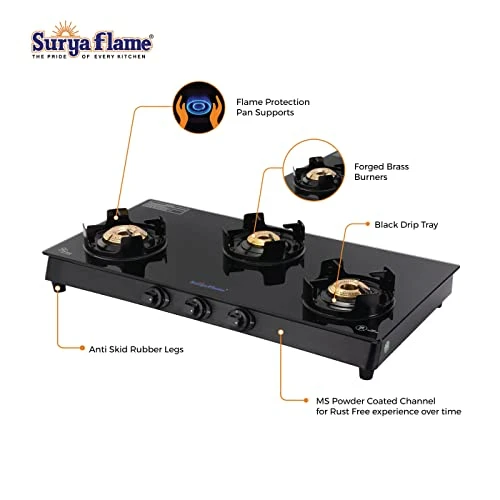 Urya Flame Ms & Glasstop 3 Burners Beauty Gas Stove, Black 4 Urya Flame Ms & Glasstop 3 Burners Beauty Gas Stove, Black - Image 2