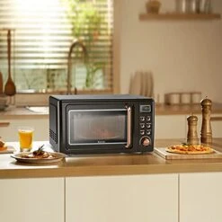 0.7 Cu.ft Compact Microwave Oven, Digital Timing & Child Lock, Small Microwave W/Glass Turntable & 6 Preset Buttons, Delayed Start Function, 700W Mini Microwave W/5 Micro Power (Golden)