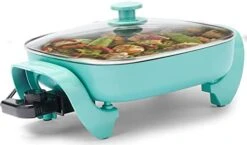 12" Ceramic Nonstick Electric Skillet - Square With Glass Lid, Dishwasher Safe, Turquoise