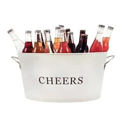Rustic Farmhouse Decor Ice Bucket & Galvanized Cheers Beverage Tub For Parties, 6.3 Gallons, Cream