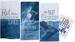 GENERIC Lake Themed Cotton Kitchen Towels | Blue, Navy, White Print | 3 Dual Purpose Terry Towel Set With Decorative Design For Dish And Hand Drying | Includes Swedish Dish Cloth