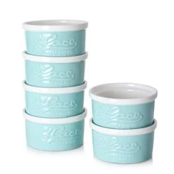 4 Oz Ramekins - Ramekins For Creme Brulee Souffle, Porcelain Ramekins Oven Safe, Mason Style Embossed Ramekins Bowls Ramekins For Baking, Set Of 6, Blue