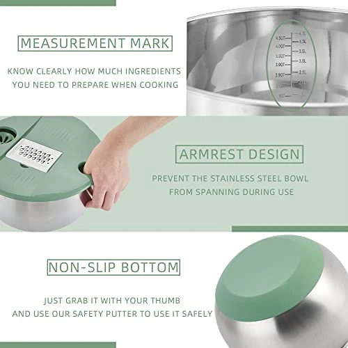 Stainless Mixing Bowls With Slicer, Set Of 3 Steel Bowls With 5 Different Vegetable Slicer, Julienne And Grater, Serving Bowls With Lids For Slicing,Mixing,Cooking,Baking & Food Storage (Green) 4 Stainless Mixing Bowls With Slicer, Set Of 3 Steel Bowls With 5 Different Vegetable Slicer, Julienne And Grater, Serving Bowls With Lids For Slicing,Mixing,Cooking,Baking & Food Storage (Green) - Image 2
