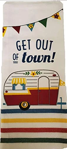 4 Piece Happy Camper Kitchen Towel Bundle - 1 Tea Towel, 1 Terry Towel And 2 Potholders