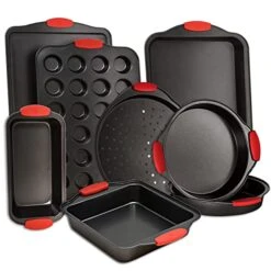 Baking Pan 8 Piece Set Nonstick Carbon Steel Oven Bakeware Kitchen Set With Silicone Handles, Cookie Sheet, 2 Round Cake Pans, Square Pan, Loaf Pan, Deep Dish Pan, Pizza Crisper, Muffin Pan By PERLLI