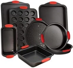 Baking Pan 8 Piece Set Nonstick Carbon Steel Oven Bakeware Kitchen Set With Silicone Handles, Cookie Sheet, 2 Round Cake Pans, Square Pan, Loaf Pan, Deep Dish Pan, Pizza Crisper, Muffin Pan By PERLLI -Wilton Shop 41iTkIyImxL. AC