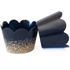 Black Cupcake Wrappers 50 Count - Adjustable Graduation Cupcake Wrappers | Black Cupcake Holders | Black And Gold Cupcake Wrappers | Cupcake Wrappers Black | Printed Glitter