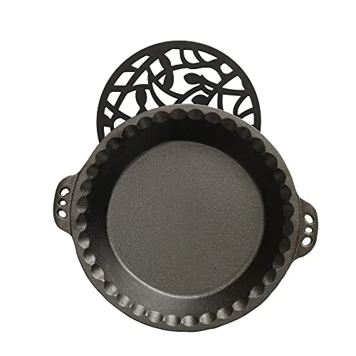 Pie Pan - 9” Cast Iron Skillet For Baking Apple, Pumpkin, Cherry Pies - With Silicone Trivet - By KUHA 3 Pie Pan - 9” Cast Iron Skillet For Baking Apple, Pumpkin, Cherry Pies - With Silicone Trivet - By KUHA